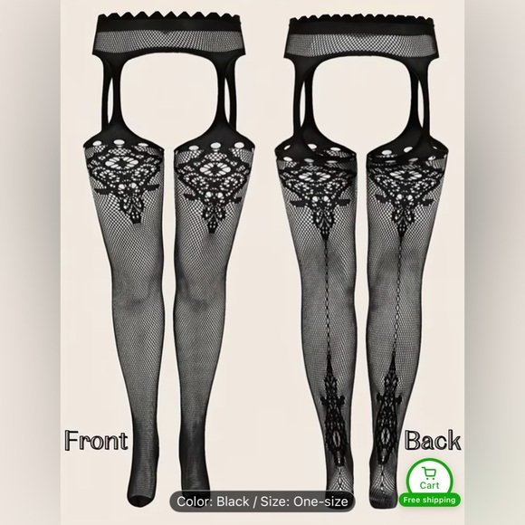 Black Fishnet Tights with Lace Design - Picture 2 of 5